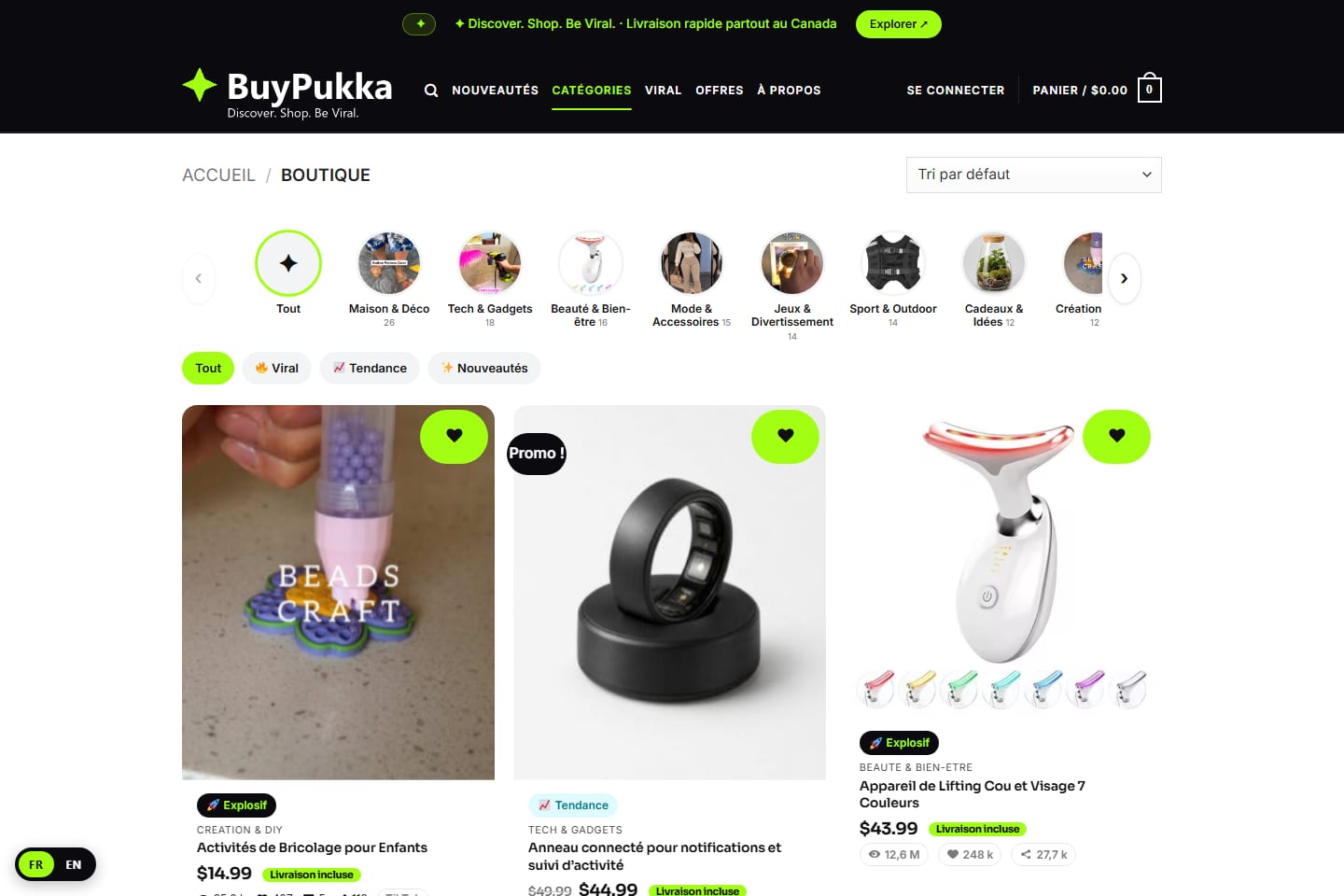 Catalogue filtré par score viral — explosif, viral, tendance