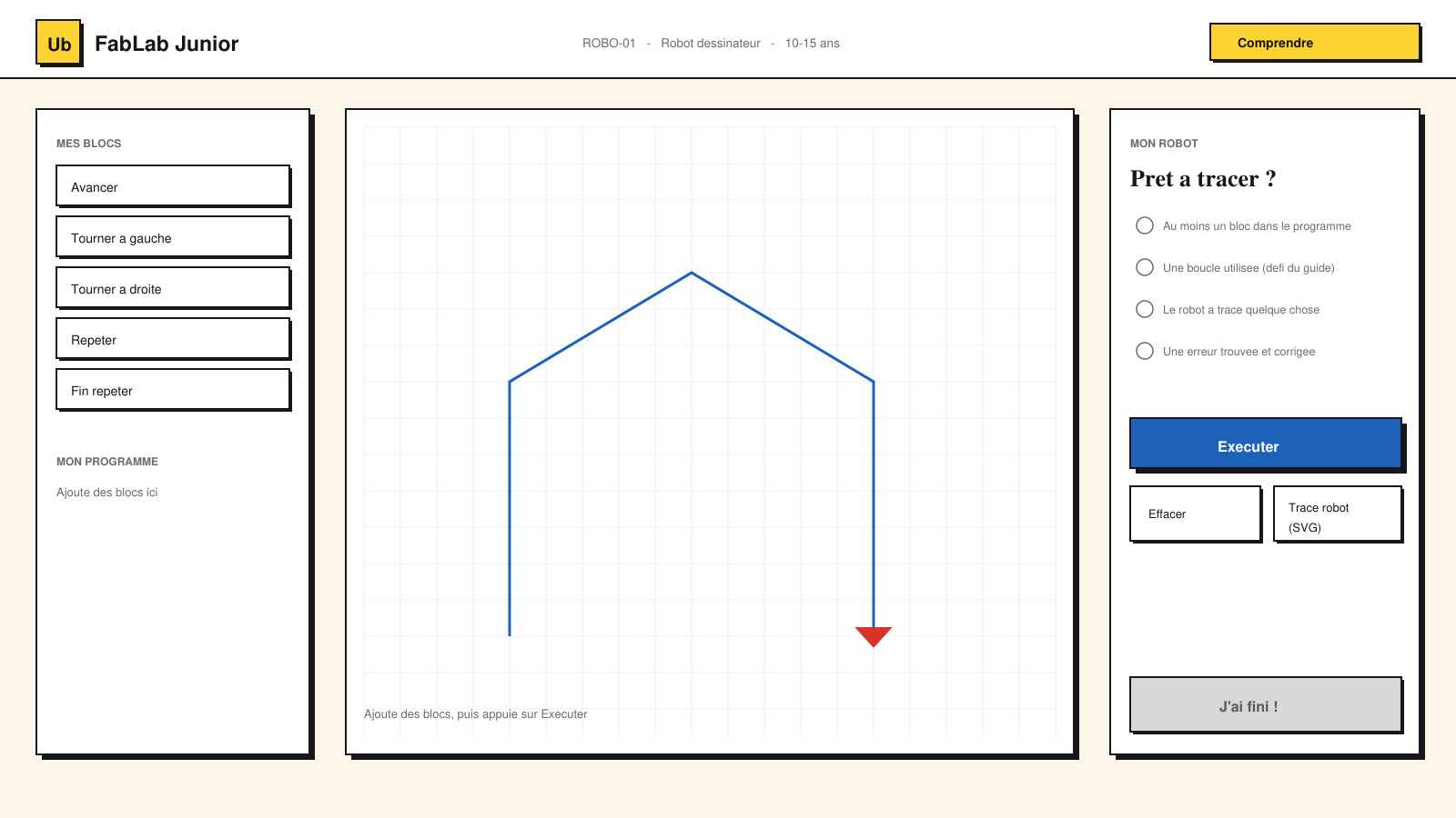 Atelier « Robot dessinateur » — blocs de programmation et export SVG du tracé